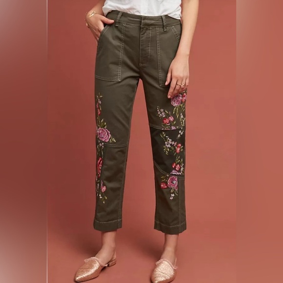 Anthropologie Olive Floral Embroidered Cropped Pants - Picture 1 of 3
